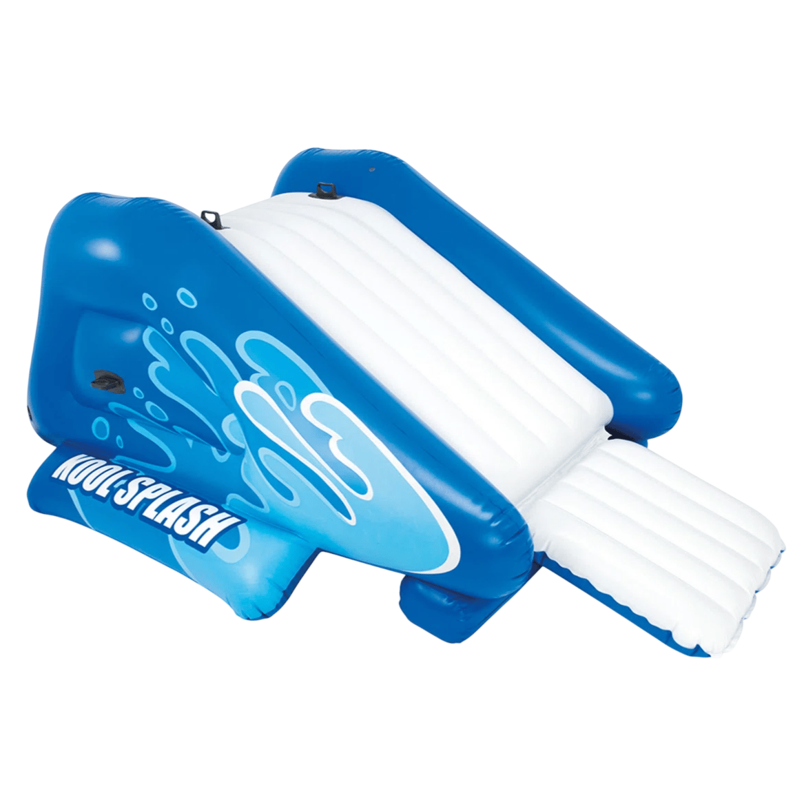 Inflatable blue and white pool slide with handles and the text \“KOOL SPLASH\“ on the sides, designed for water play.