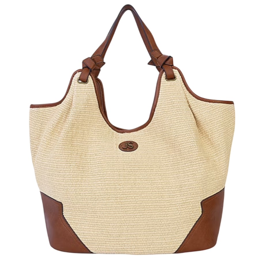 A beige woven tote bag with brown leather trim and straps, featuring a decorative emblem on the front.