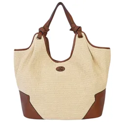 A beige woven tote bag with brown leather trim and straps, featuring a decorative emblem on the front.