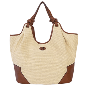 A beige woven tote bag with brown leather trim and straps, featuring a decorative emblem on the front.