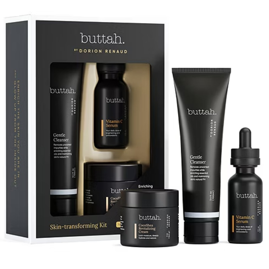 Buttah Skincare Kit includes a Gentle Cleanser, Vitamin C Serum, and CocoShea Revitalizing Cream, designed to cleanse, brighten, and moisturize the skin.