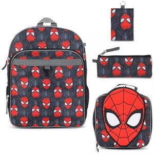 Backpack set featuring a superhero theme, including a backpack, lunchbox, pencil case, and ID holder, all with a red and black mask pattern.