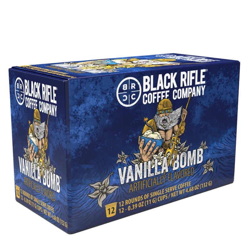 Black Rifle Coffee Company's Vanilla Bomb is a box of 12 single-serve rounds, artificially flavored with vanilla, net weight 4.68 oz (132 g).
