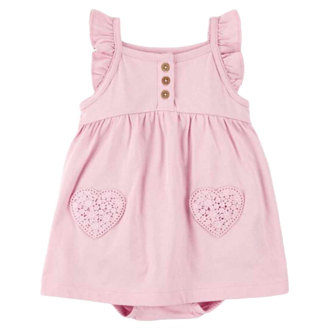Pink floral flutter sunsuit with ruffled shoulders, three front buttons, and crochet heart pockets.
