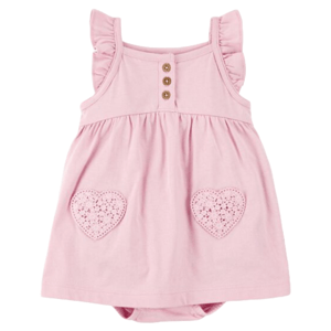 Pink floral flutter sunsuit with ruffled shoulders, three front buttons, and crochet heart pockets.