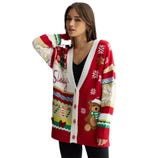 A woman is wearing a red and white festive sweater with Christmas-themed designs, including a bear, snowflakes, and candy canes.