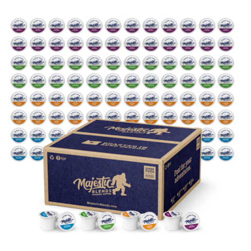 A box of Majestic Blends coffee pods with various flavors is shown, featuring colorful lids and logos. The box prominently displays the brand name and website.
