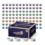 A box of Majestic Blends coffee pods with various flavors is shown, featuring colorful lids and logos. The box prominently displays the brand name and website.
