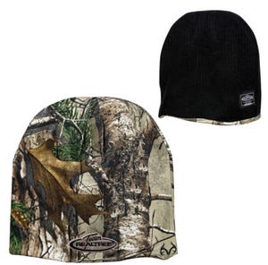 Reversible Realtree beanie featuring a camouflage pattern on one side and solid black on the other, with a small logo patch.