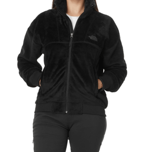 The North Face Luxe Osito Jacket is a black, plush, full-zip jacket with a high collar and two front pockets, designed for warmth and comfort.