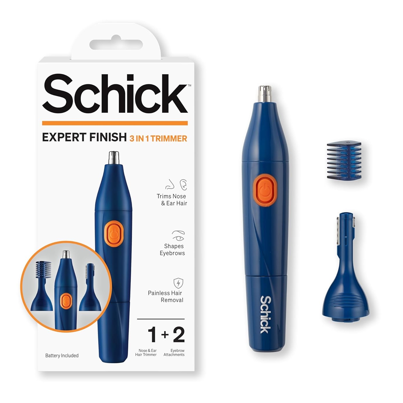 The Schick Expert Finish 3 in 1 Trimmer is designed to trim nose and ear hair and shape eyebrows. It includes a blue trimmer with an orange power button, eyebrow attachments, and indicates painless hair removal. Battery included.