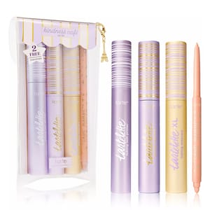 Tarte's Kindness Café set includes a tubing lash primer, tubing mascara, and a Fake Awake eye highlight pencil, packaged in a pastel-themed pouch.
