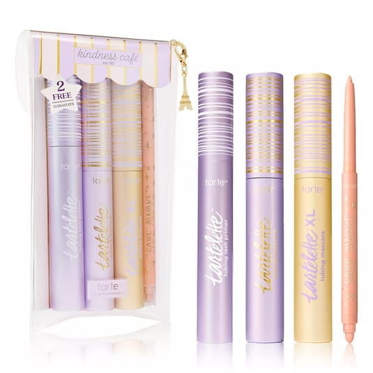 Tarte's Kindness Café set includes a tubing lash primer, tubing mascara, and a Fake Awake eye highlight pencil, packaged in a pastel-themed pouch.