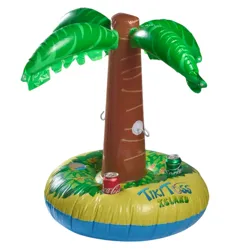 Inflatable palm tree ring toss game featuring two can holders at the base, designed for poolside or water activities.