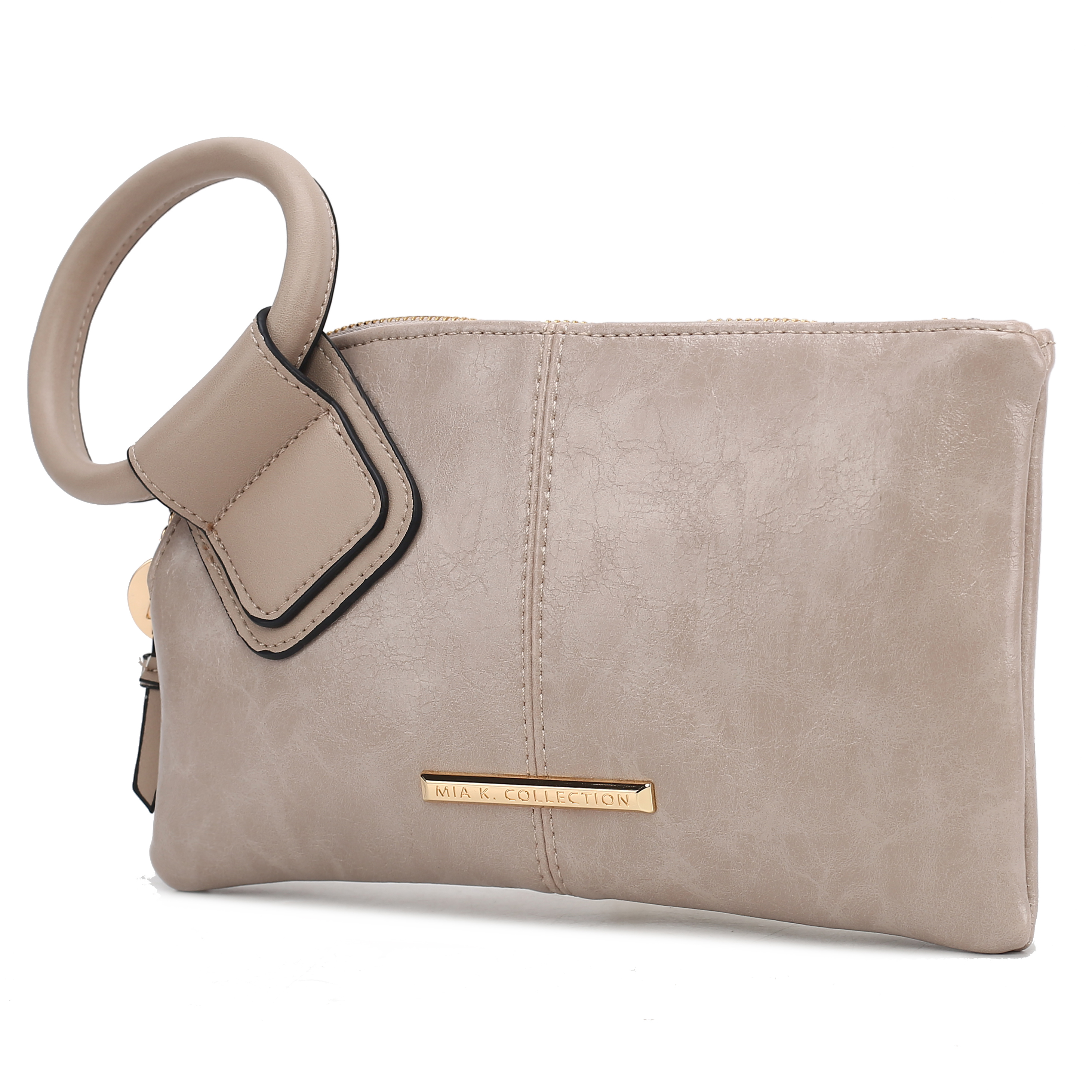 A beige clutch with a decorative ring handle, featuring \“MIA K. COLLECTION\“ in gold lettering.