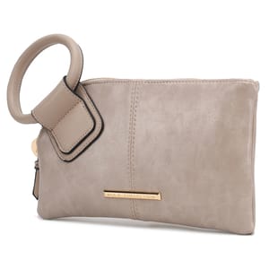 A beige clutch with a decorative ring handle, featuring \“MIA K. COLLECTION\“ in gold lettering.