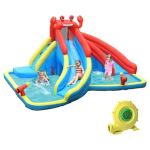 Inflatable water slide with a blue base, yellow and red accents, featuring a crab design and two slides. Includes a yellow air blower for inflation.