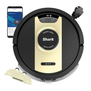 Shark Robot Mop Vacuum, a 2-in-1 device with Matrix Clean feature, comes with detachable pads and is compatible with a phone app for remote operation.