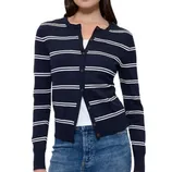 A navy blue cardigan with white horizontal stripes, featuring a button-up front and long sleeves, paired with blue jeans and a white top.