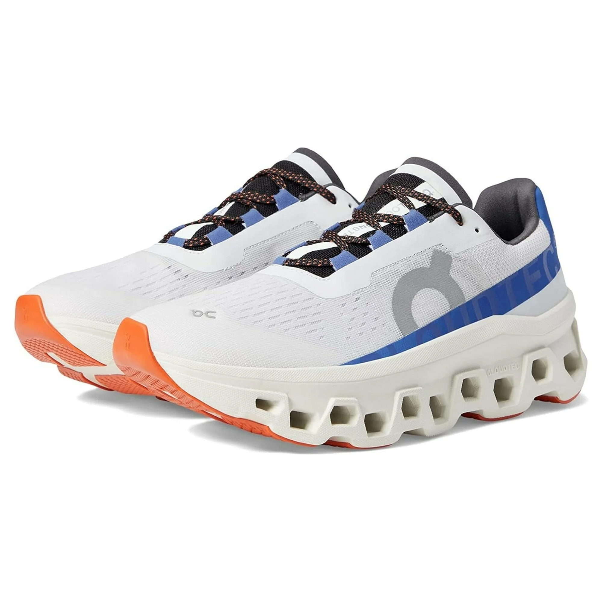 A pair of white running shoes with blue and orange accents and a chunky sole design.