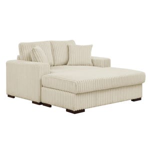 A beige, ribbed-textured armchair with an extended chaise lounge section, featuring multiple cushions and dark square legs.