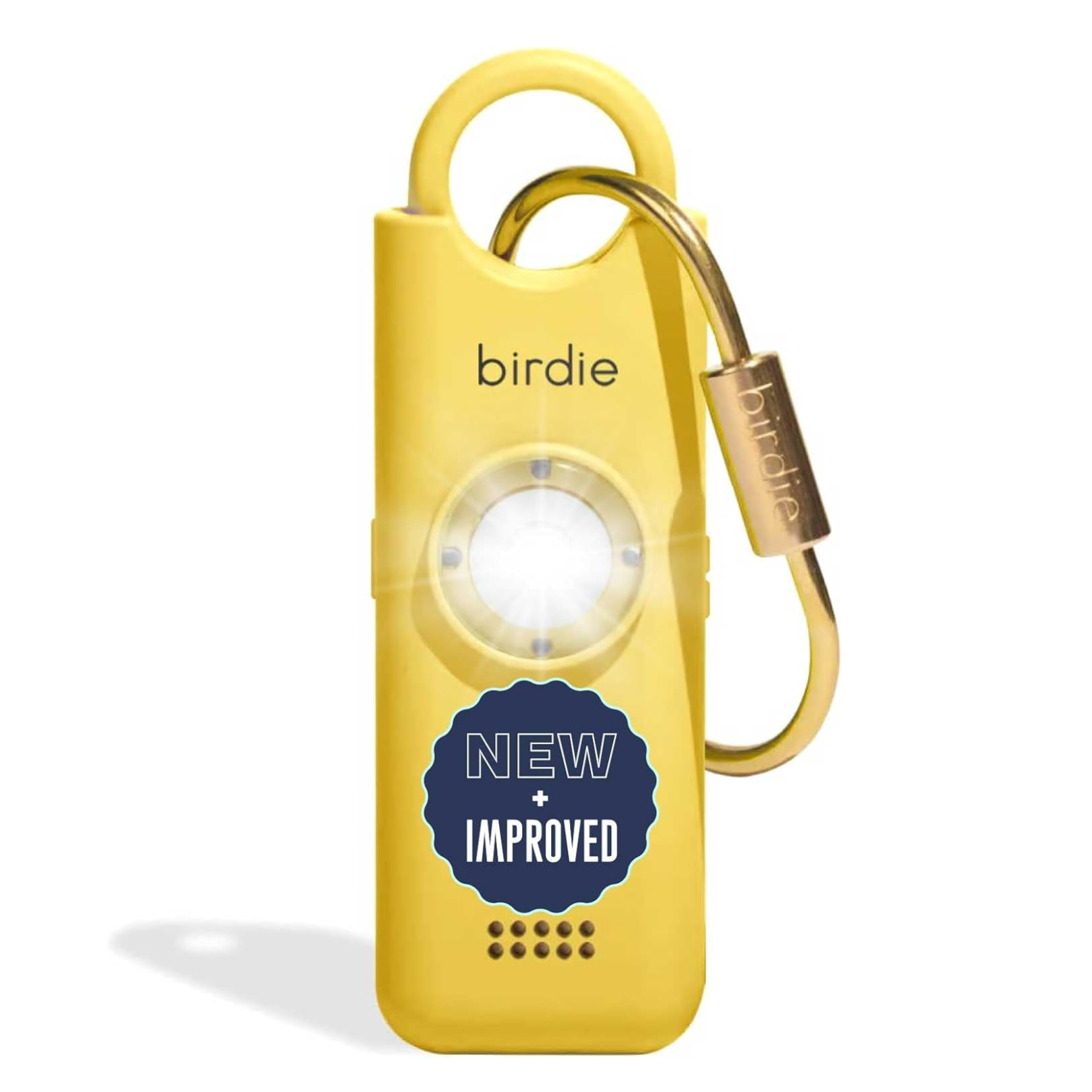 Yellow personal safety alarm with a flashlight, labeled \“birdie\“ and marked as \“NEW + IMPROVED,\“ featuring a gold keychain attachment.