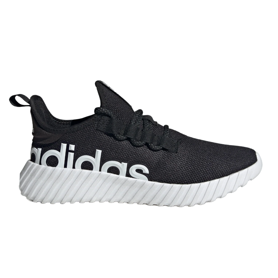 Adidas Men's Kaptir 3.0 Shoes feature a black mesh upper with a bold white \“adidas\“ logo across the side and a ribbed white sole. They include a pull tab on the heel and a lace-up design.