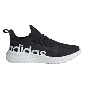 Adidas Men's Kaptir 3.0 Shoes feature a black mesh upper with a bold white \“adidas\“ logo across the side and a ribbed white sole. They include a pull tab on the heel and a lace-up design.