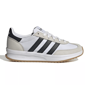 Adidas sneaker featuring a white and beige design with black stripes, labeled as having Cloudfoam technology and a gum sole.