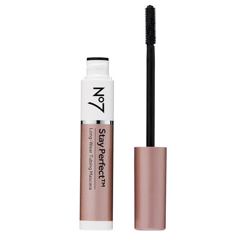 No7 Stay Perfect Mascara with a black wand and rose gold cap, designed for long-wear without smudging.