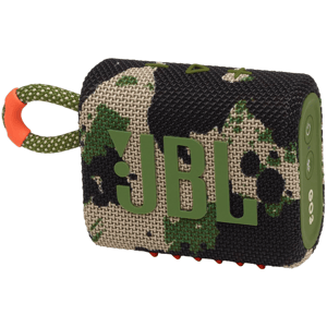 JBL portable Bluetooth speaker in a camouflage design, featuring integrated controls and a carrying loop.