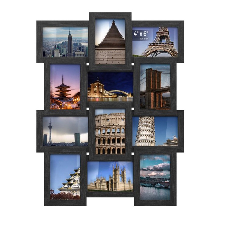 A multi-photo frame collage holds various landmark images, including the Eiffel Tower, Colosseum, Brooklyn Bridge, and Leaning Tower of Pisa, in a black frame design.