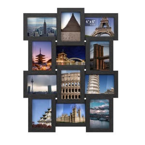 A multi-photo frame collage holds various landmark images, including the Eiffel Tower, Colosseum, Brooklyn Bridge, and Leaning Tower of Pisa, in a black frame design.