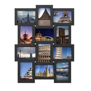 A multi-photo frame collage holds various landmark images, including the Eiffel Tower, Colosseum, Brooklyn Bridge, and Leaning Tower of Pisa, in a black frame design.