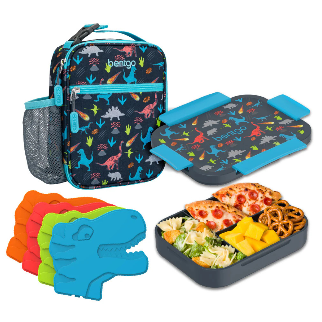 Bentgo Kids' Lunch Box Bundle includes a dinosaur-themed lunch bag, a matching bento-style lunch box with compartments for different foods, and colorful dinosaur-shaped ice packs for keeping food cool.