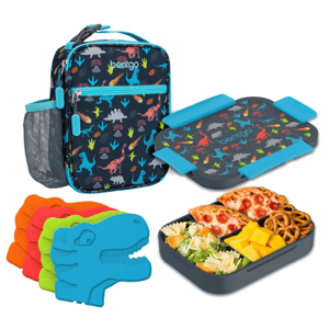 Bentgo Kids' Lunch Box Bundle includes a dinosaur-themed lunch bag, a matching bento-style lunch box with compartments for different foods, and colorful dinosaur-shaped ice packs for keeping food cool.