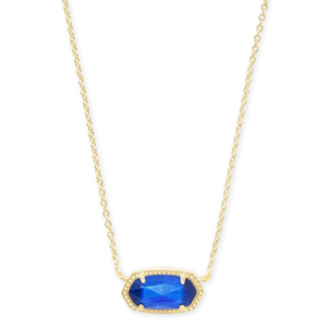 A gold pendant necklace featuring a faceted blue stone set in an oval frame with a delicate gold chain.