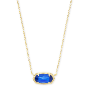 A gold pendant necklace featuring a faceted blue stone set in an oval frame with a delicate gold chain.