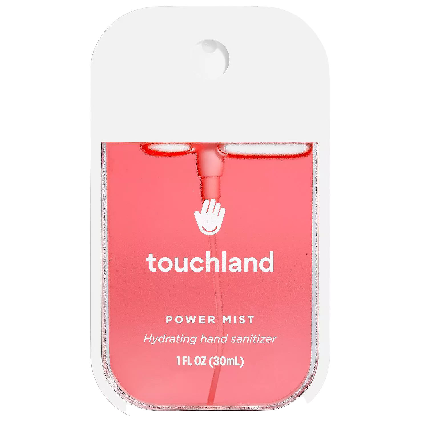 A Touchland Power Mist is a hydrating hand sanitizer in a slim, rectangular spray bottle with a pink liquid and white cap.