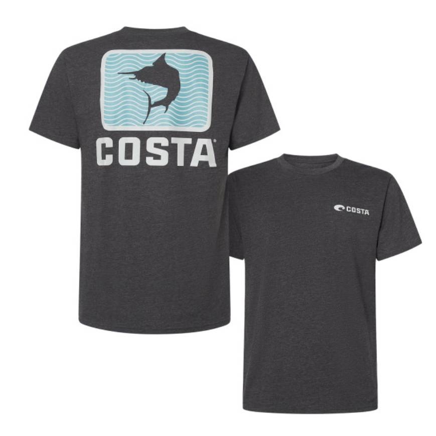 Two gray T-shirts with the Costa logo, one displaying a marlin graphic on the back and the brand name on the front.