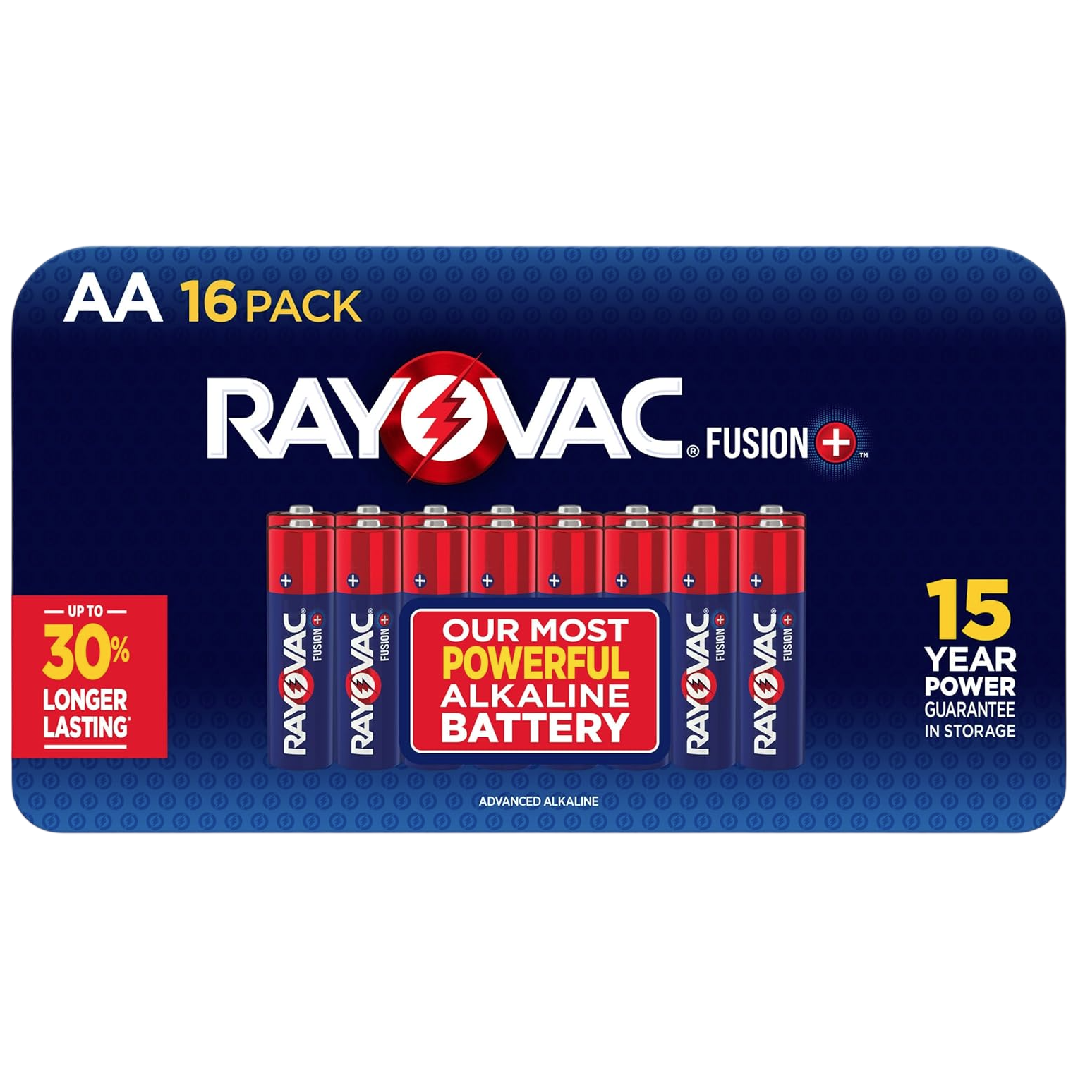 AA 16-pack Rayovac Fusion+ batteries, labeled as the most powerful alkaline battery with a 15-year power guarantee in storage, promising up to 30% longer lasting performance.