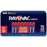 AA 16-pack Rayovac Fusion+ batteries, labeled as the most powerful alkaline battery with a 15-year power guarantee in storage, promising up to 30% longer lasting performance.