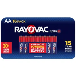 AA 16-pack Rayovac Fusion+ batteries, labeled as the most powerful alkaline battery with a 15-year power guarantee in storage, promising up to 30% longer lasting performance.