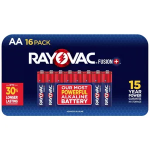 AA 16-pack Rayovac Fusion+ batteries, labeled as the most powerful alkaline battery with a 15-year power guarantee in storage, promising up to 30% longer lasting performance.