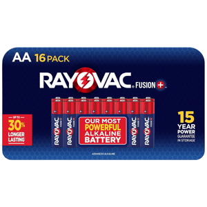 AA 16-pack Rayovac Fusion+ batteries, labeled as the most powerful alkaline battery with a 15-year power guarantee in storage, promising up to 30% longer lasting performance.