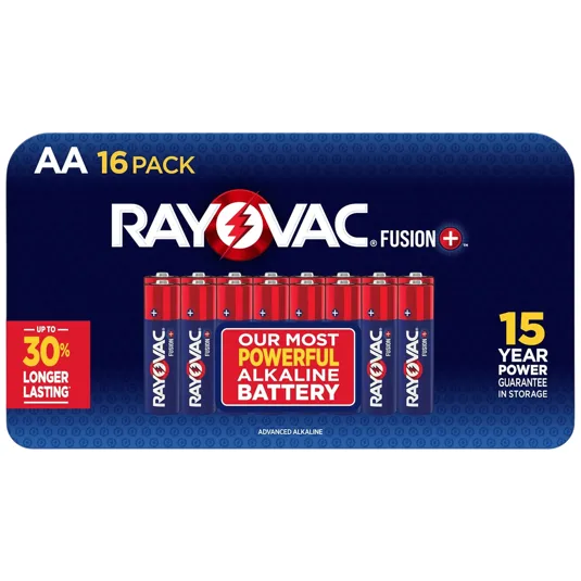 AA 16-pack Rayovac Fusion+ batteries, labeled as the most powerful alkaline battery with a 15-year power guarantee in storage, promising up to 30% longer lasting performance.