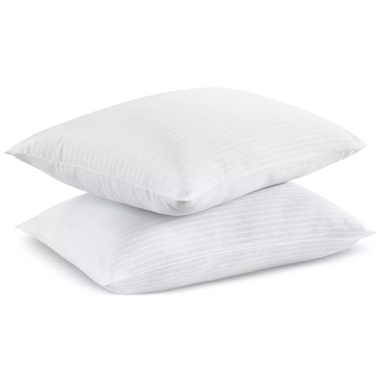 Two white pillows with a subtle striped pattern, stacked on top of each other.