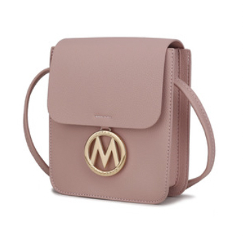 A small pink crossbody bag with a flap closure features a gold emblem.
