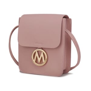 A small pink crossbody bag with a flap closure features a gold emblem.