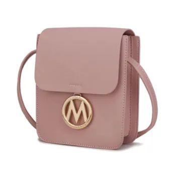 A small pink crossbody bag with a flap closure features a gold emblem.